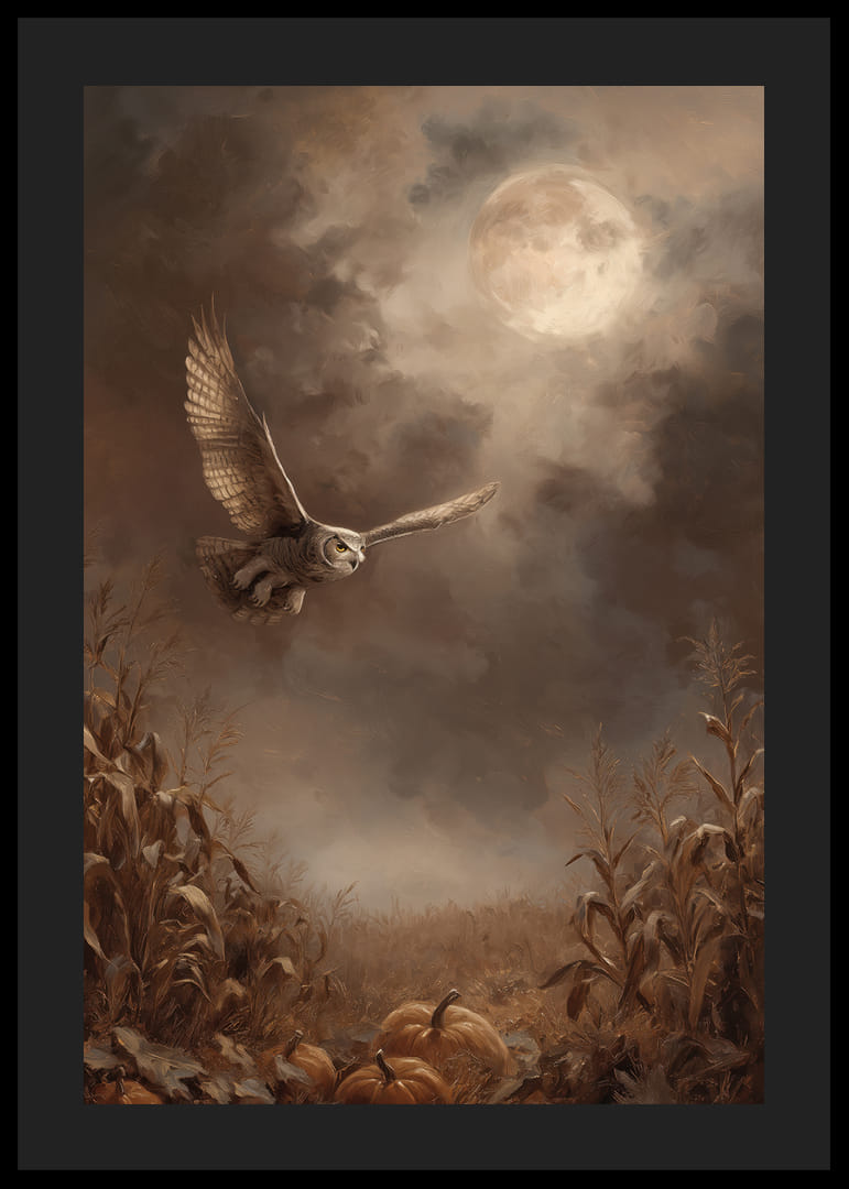 An owl soars through the twilight over an autumnal field-12