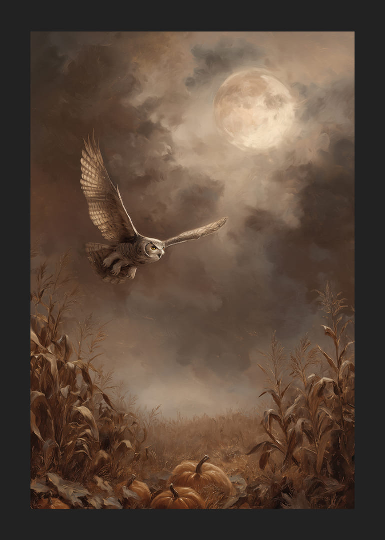 An owl soars through the twilight over an autumnal field-12