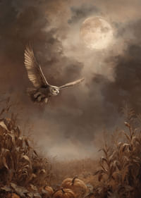 Une chouette plane dans le crépuscule au-dessus d'un champ d'automne-3