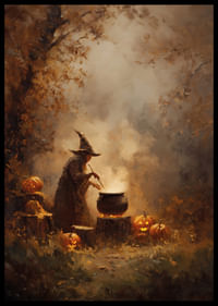 Varázslatos őszi jelenet egy boszorkánnyal és csillogó sütőtökkel-2