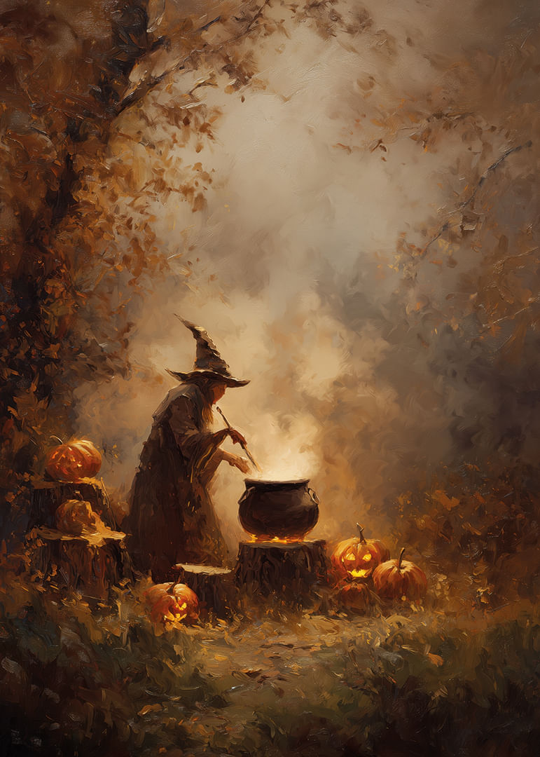 Varázslatos őszi jelenet egy boszorkánnyal és csillogó sütőtökkel-12