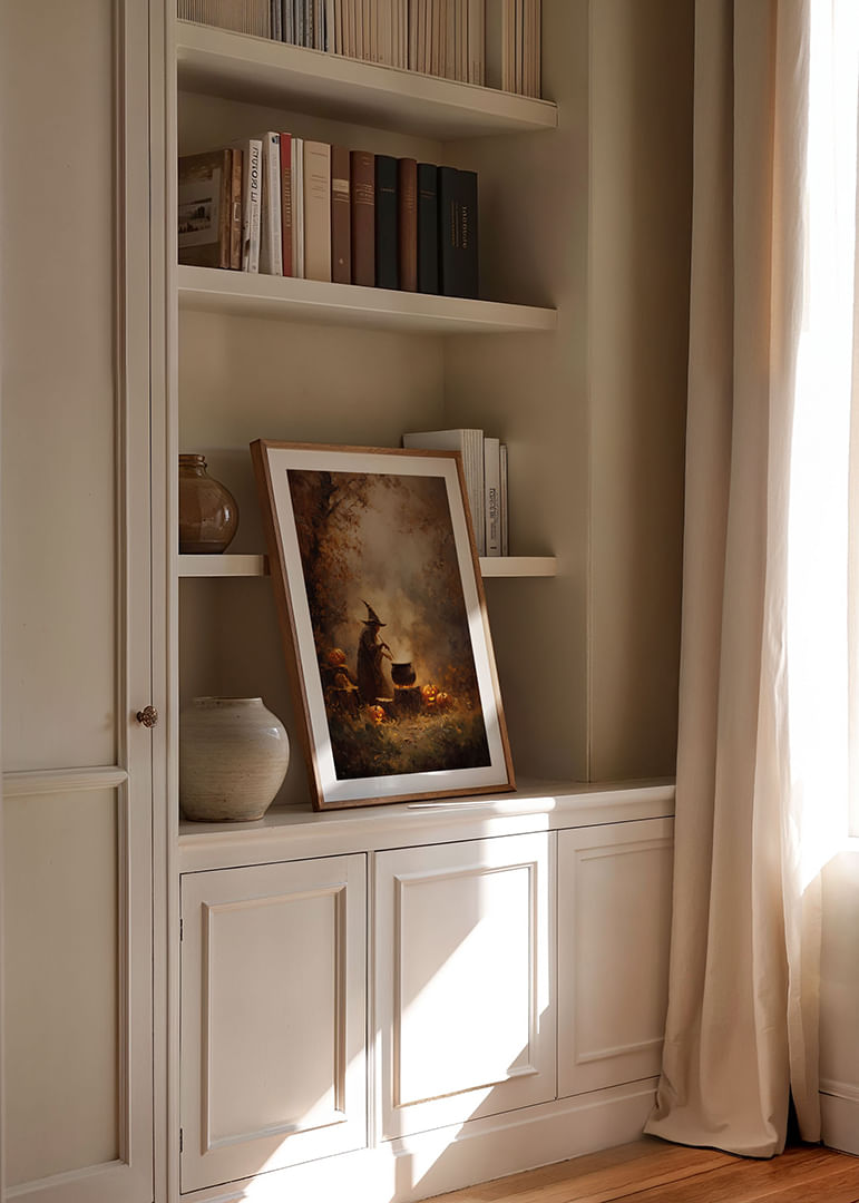 Varázslatos őszi jelenet egy boszorkánnyal és csillogó sütőtökkel-12