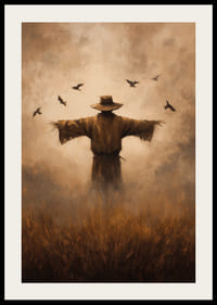 En gåtfull fågelskrämma vaktar fälten i skymningsljus-2