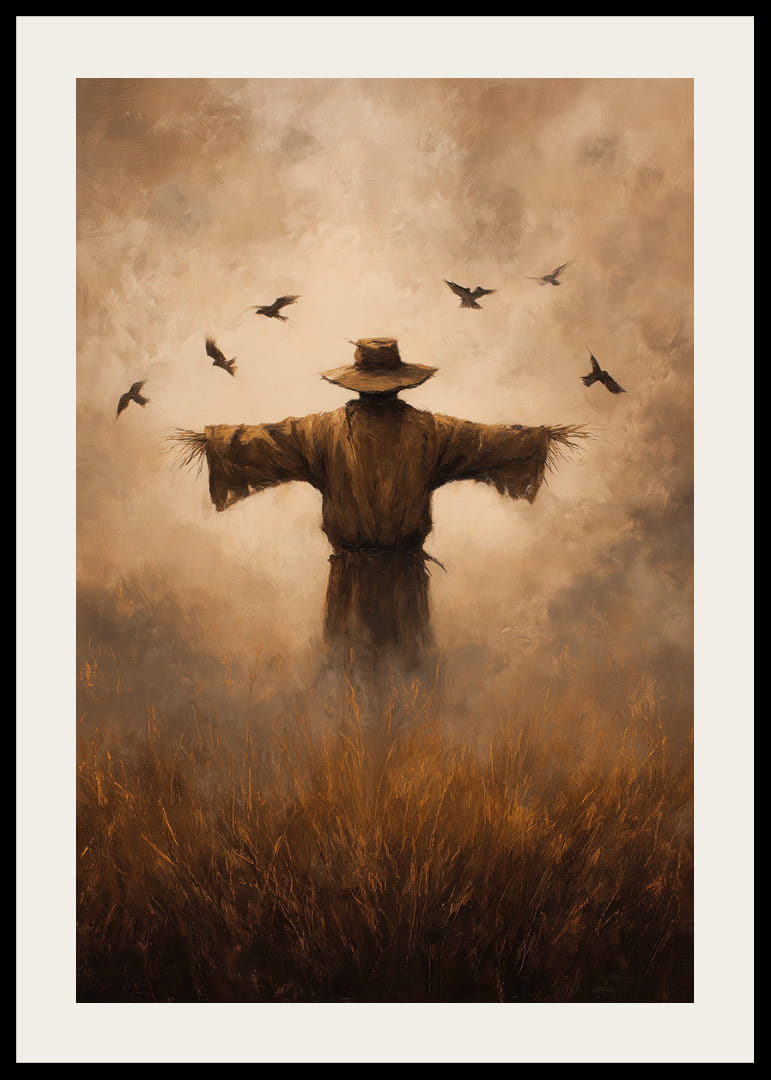 En gåtfull fågelskrämma vaktar fälten i skymningsljus-12