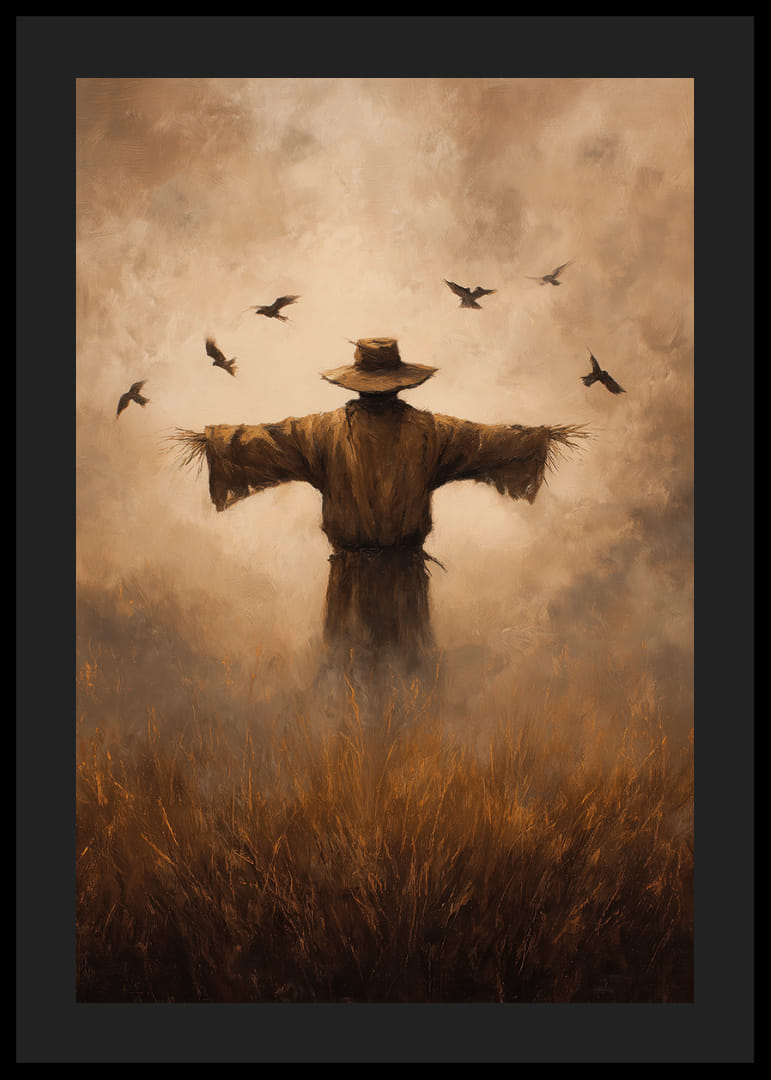 En gåtfull fågelskrämma vaktar fälten i skymningsljus-12