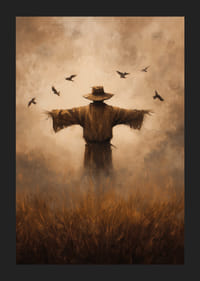 En gåtfull fågelskrämma vaktar fälten i skymningsljus-5