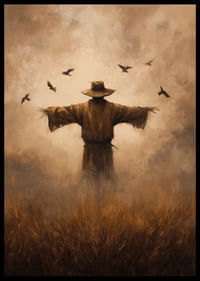 Egy rejtélyes madárijesztő őrzi a mezőket az alkonyati fényben-2