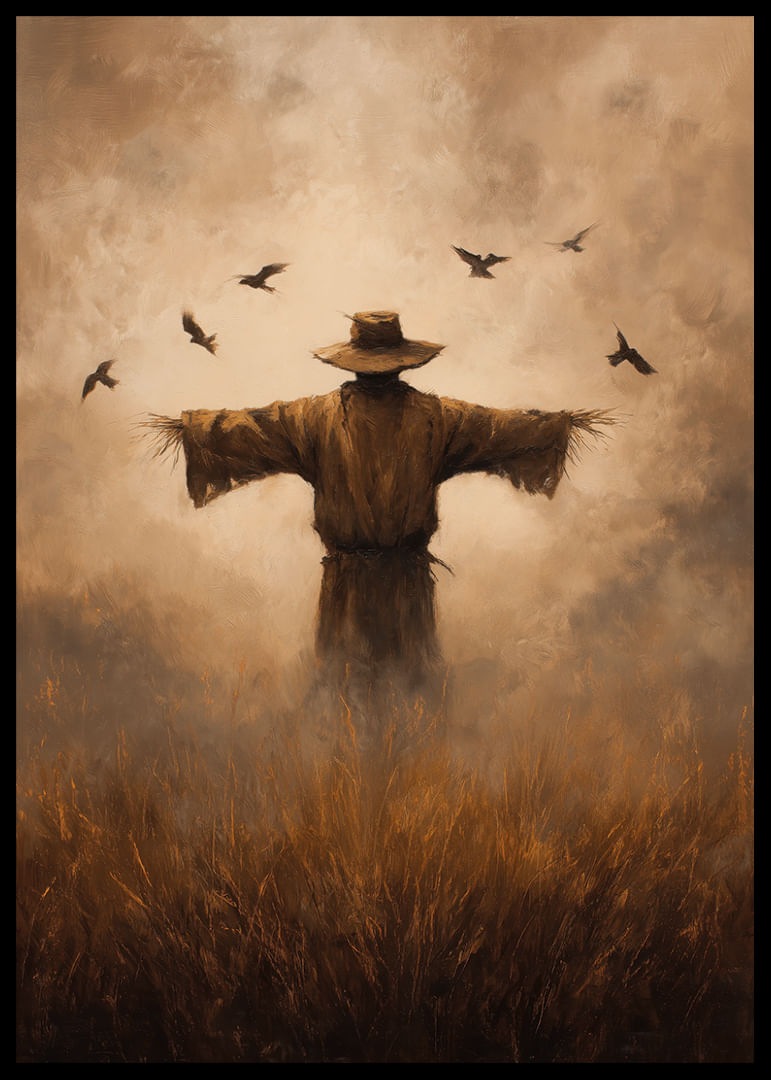 Egy rejtélyes madárijesztő őrzi a mezőket az alkonyati fényben-12