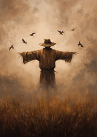 Egy rejtélyes madárijesztő őrzi a mezőket az alkonyati fényben-3