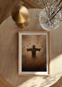 Egy rejtélyes madárijesztő őrzi a mezőket az alkonyati fényben-4