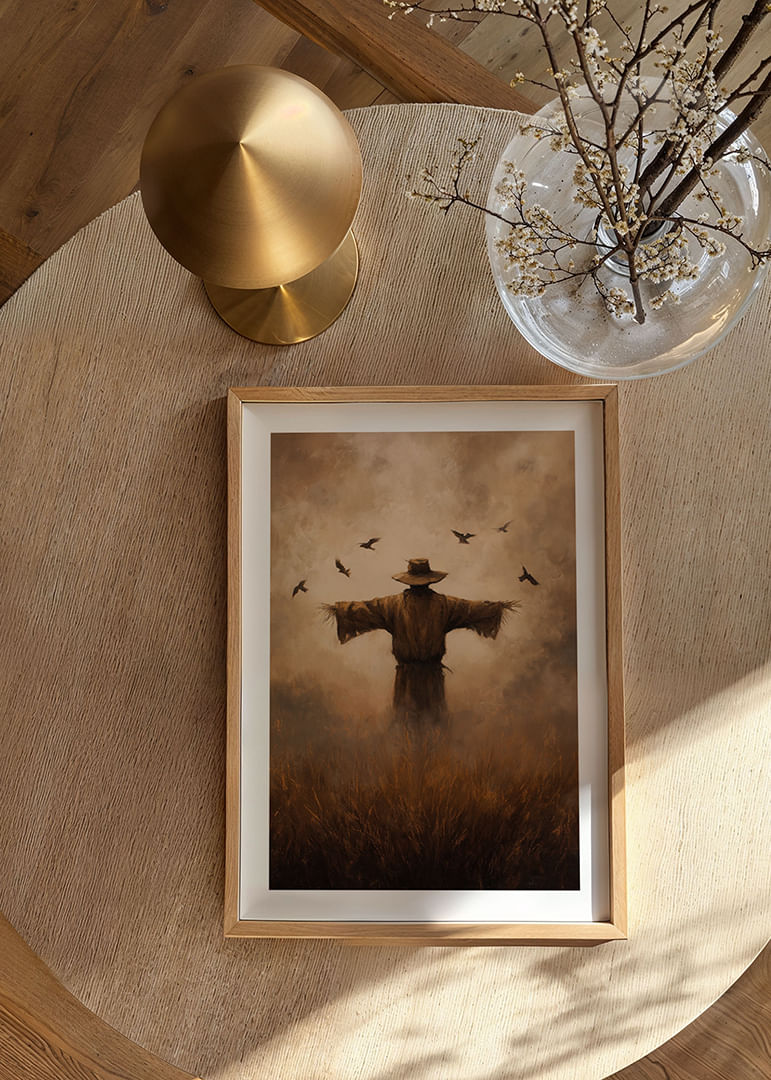 Egy rejtélyes madárijesztő őrzi a mezőket az alkonyati fényben-12