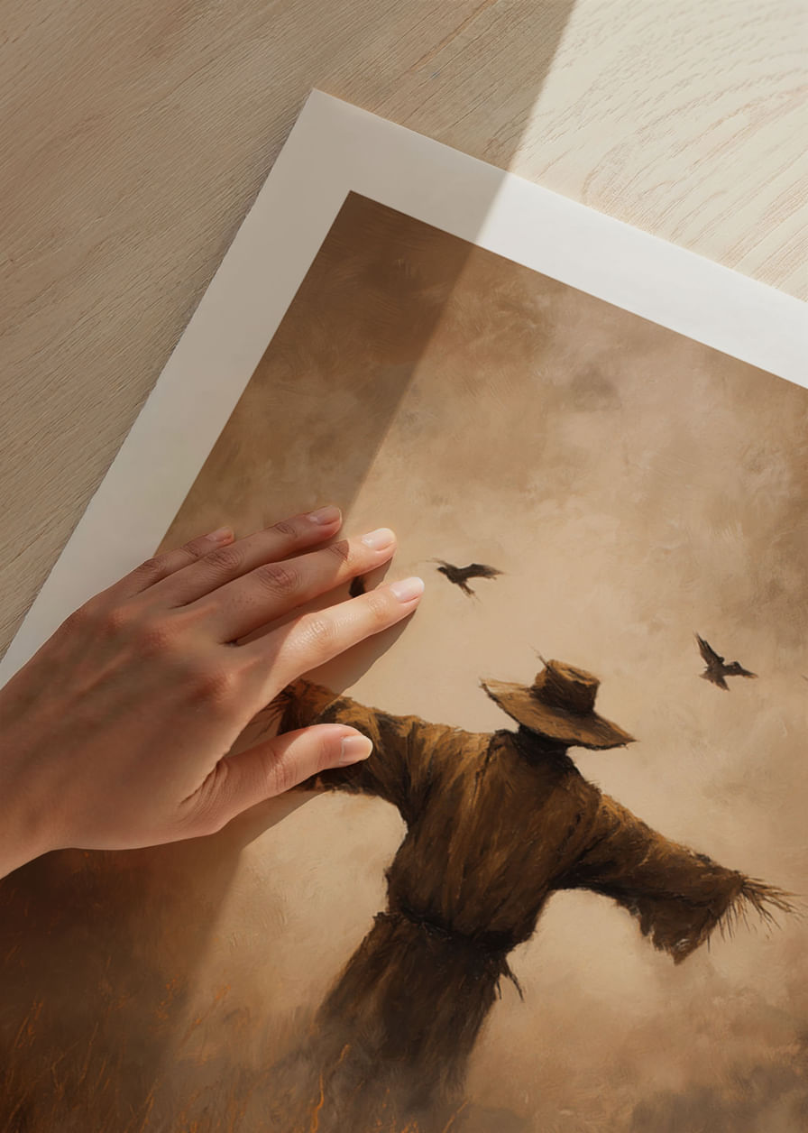 Egy rejtélyes madárijesztő őrzi a mezőket az alkonyati fényben-12