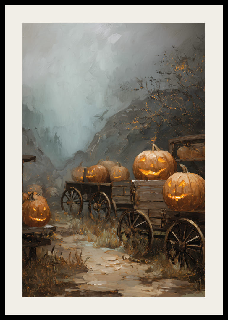 Cozy pumpkins light up a foggy forest path-12