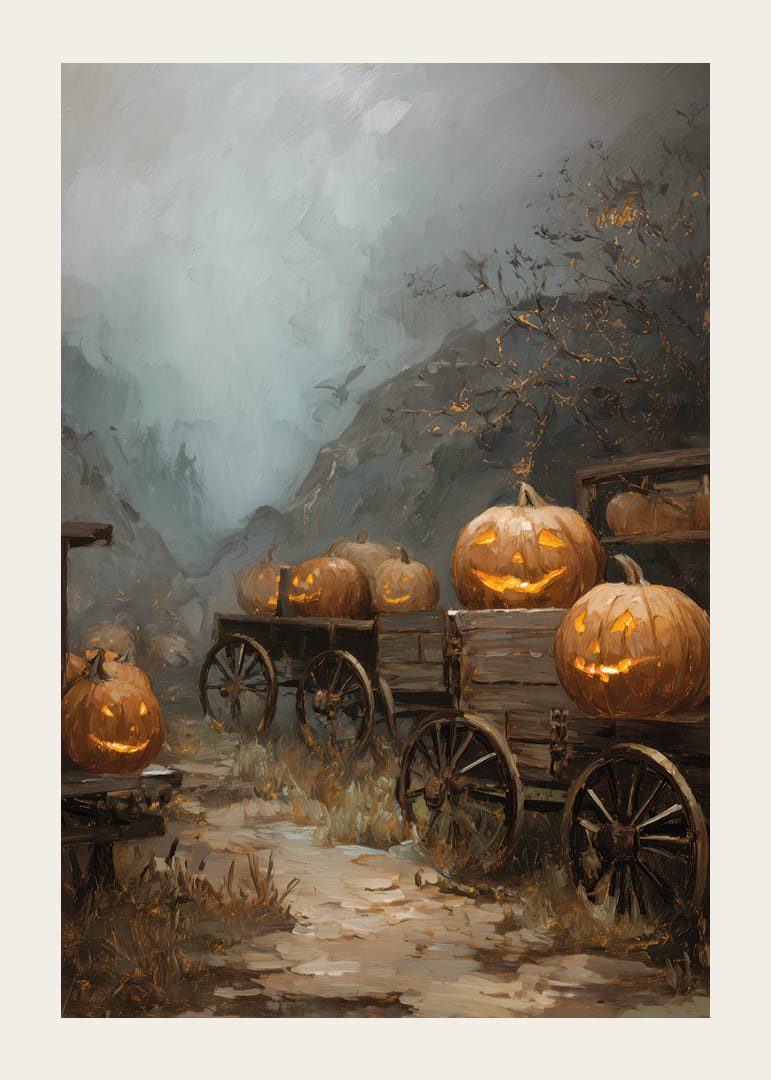 Cozy pumpkins light up a foggy forest path-12