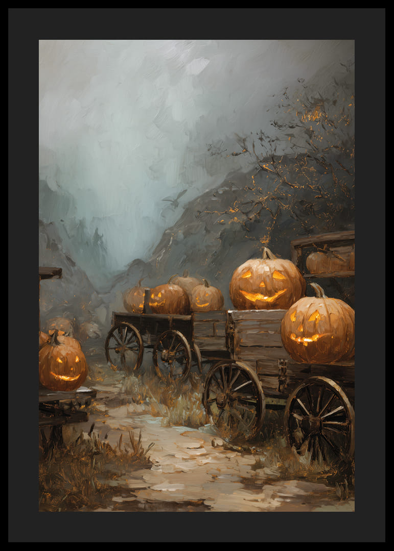 Cozy pumpkins light up a foggy forest path-12