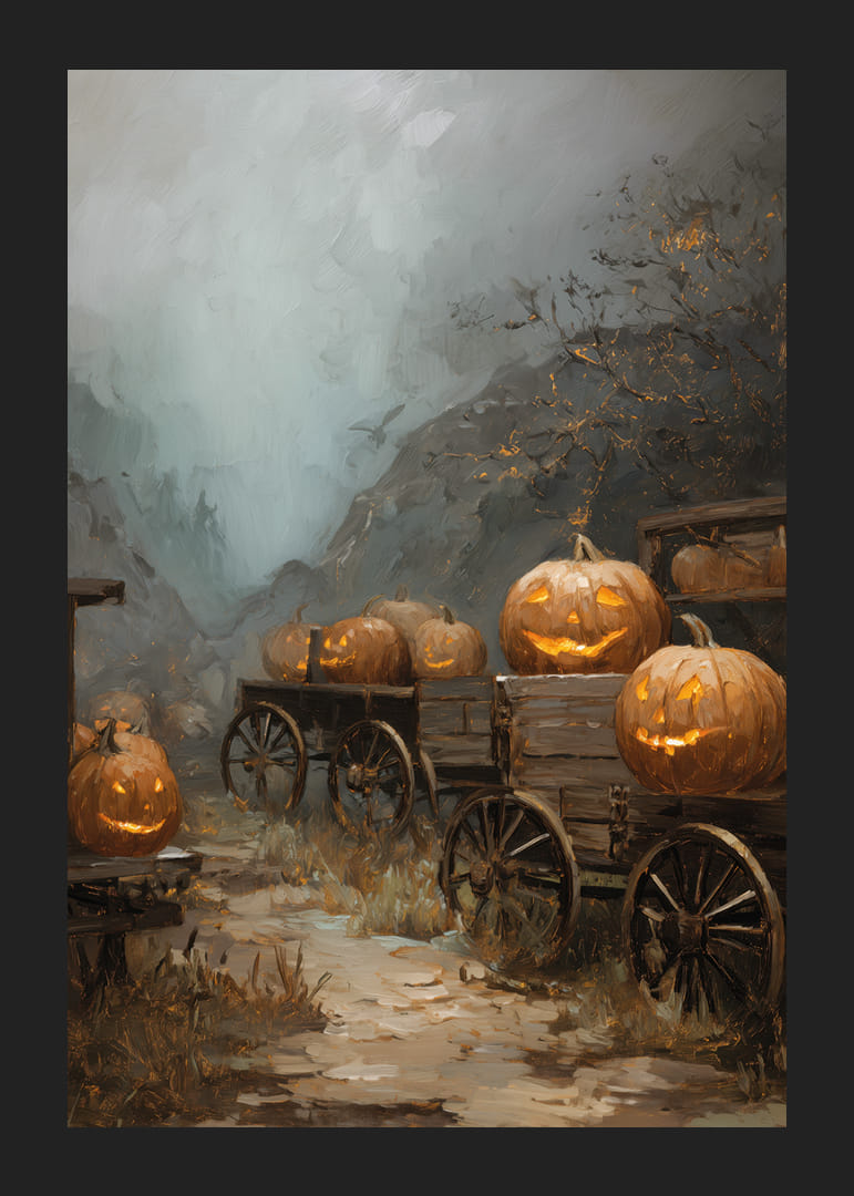 Cozy pumpkins light up a foggy forest path-12