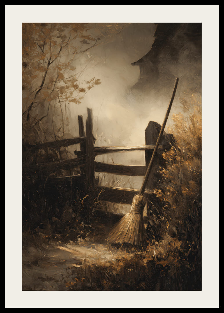 A broom leans against a fence in the mild autumn light-12