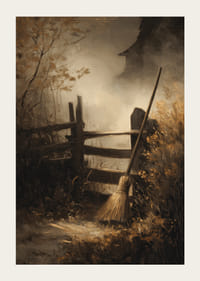 A broom leans against a fence in the mild autumn light-3