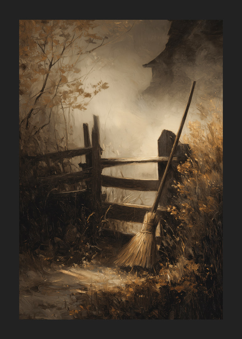 A broom leans against a fence in the mild autumn light-12