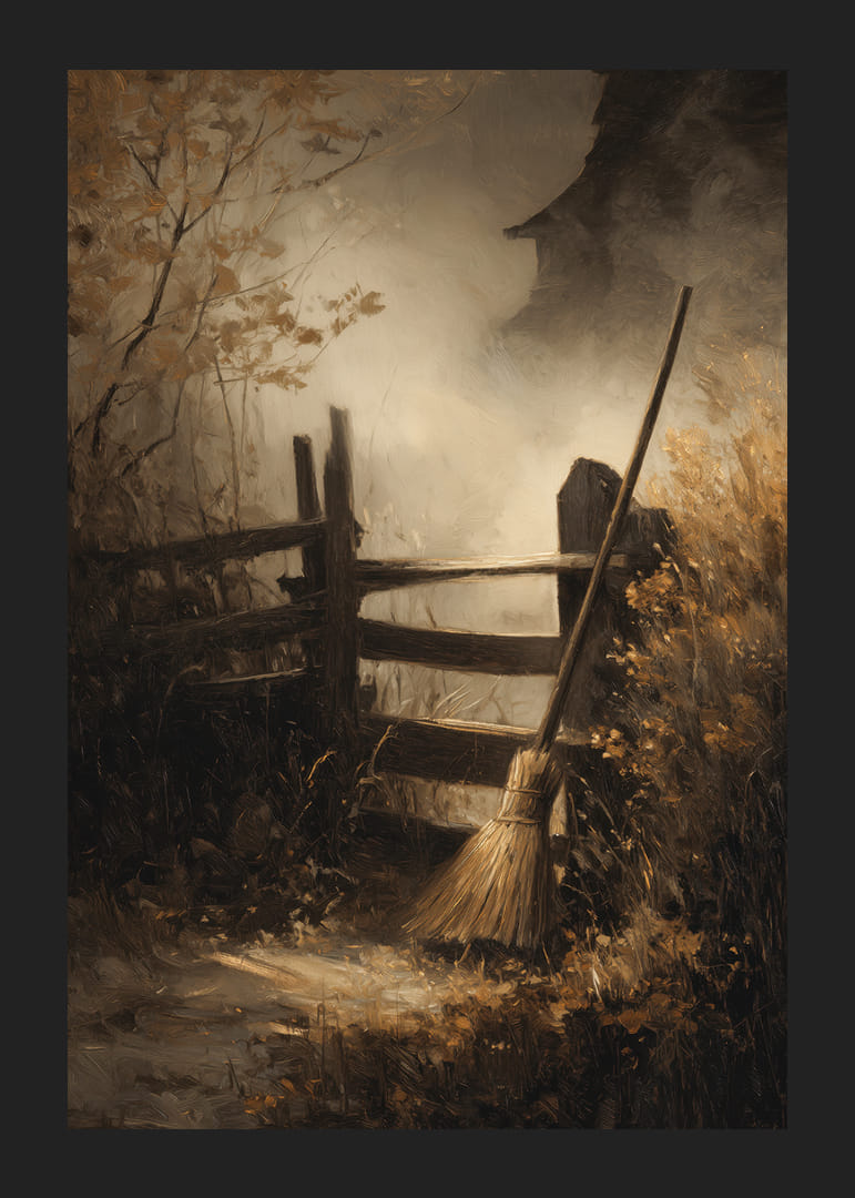 A broom leans against a fence in the mild autumn light-12