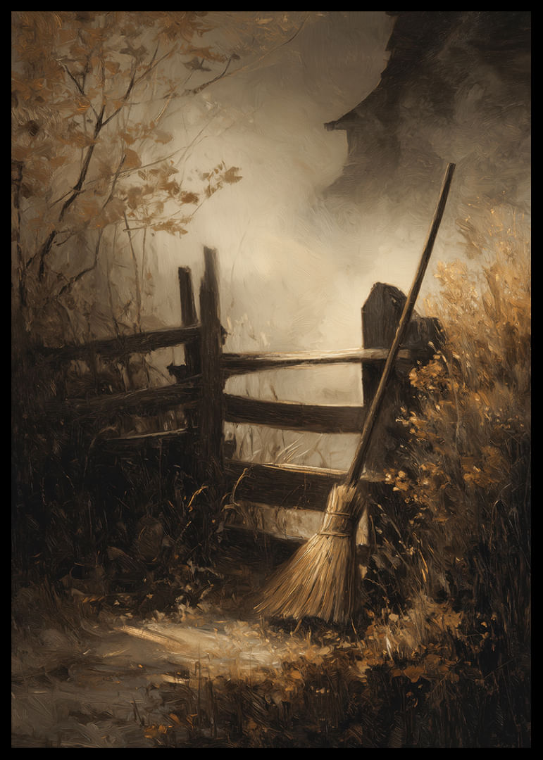 Egy seprű a kerítésnek támaszkodik az enyhe őszi fényben-12