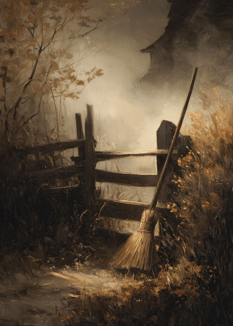 Egy seprű a kerítésnek támaszkodik az enyhe őszi fényben-12