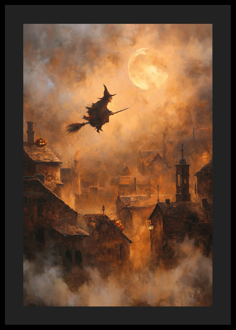 Förtrollad häxa svävar över en månupplyst by-12