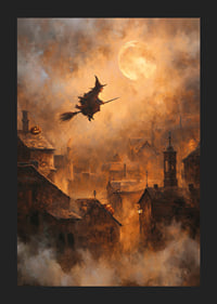 Une sorcière enchantée plane au-dessus d'un village au clair de lune.-5