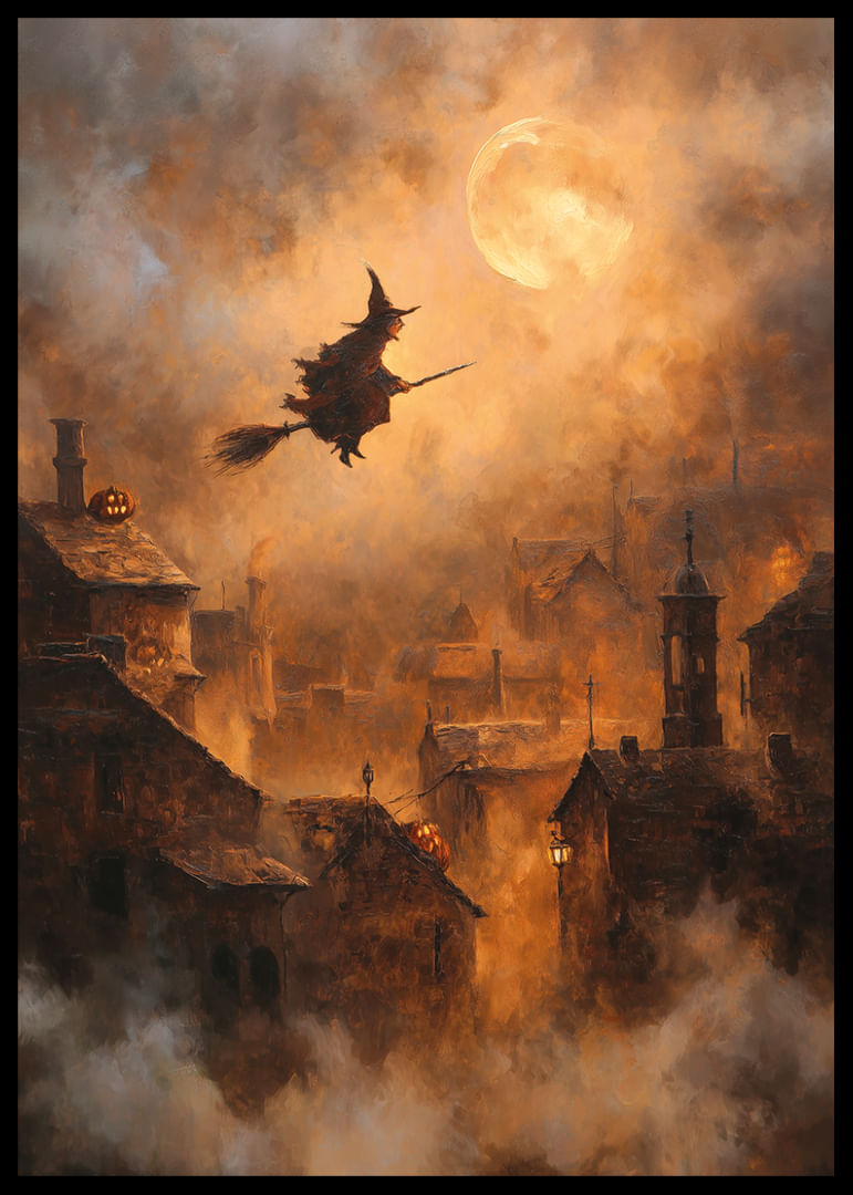 Une sorcière enchantée plane au-dessus d'un village au clair de lune.-12