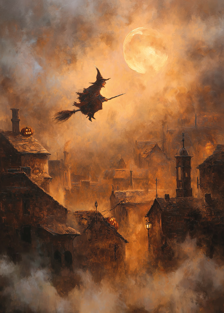 Une sorcière enchantée plane au-dessus d'un village au clair de lune.-12