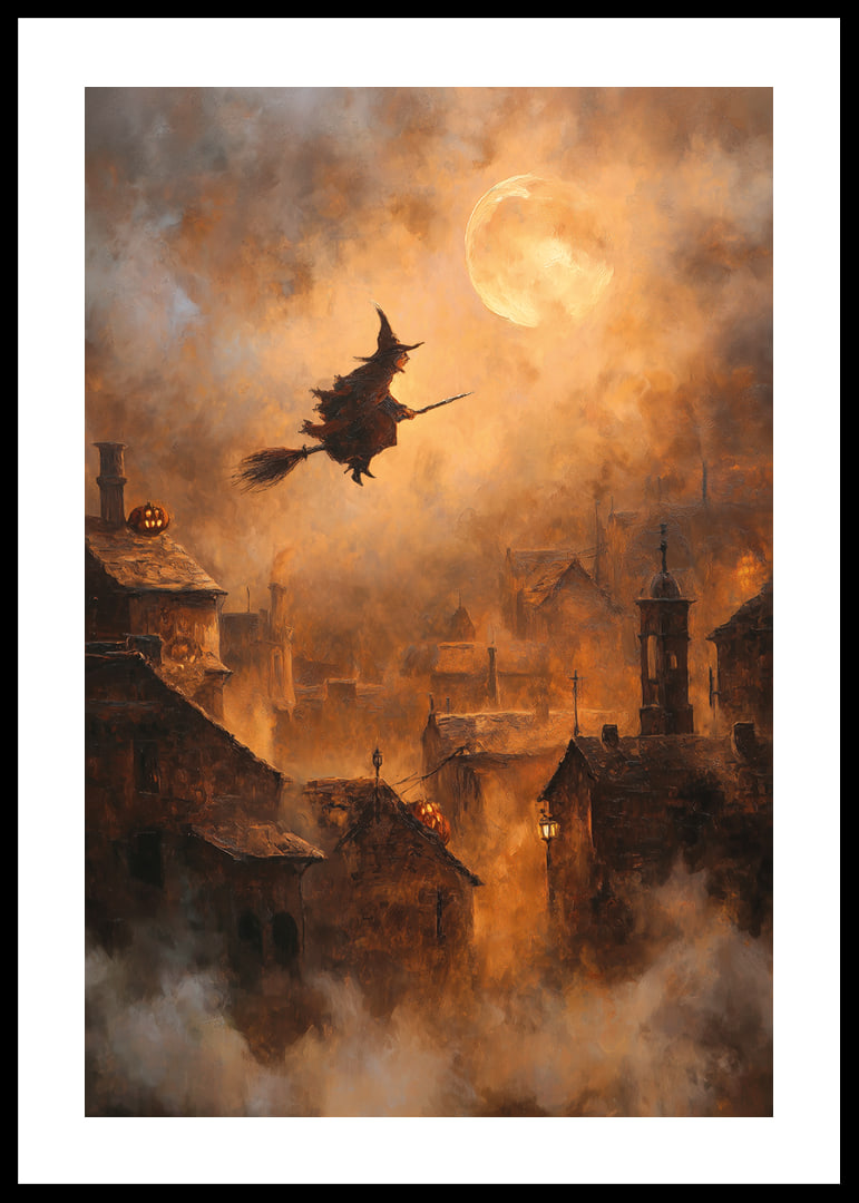 Une sorcière enchantée plane au-dessus d'un village au clair de lune.-12