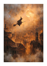 Une sorcière enchantée plane au-dessus d'un village au clair de lune.-1