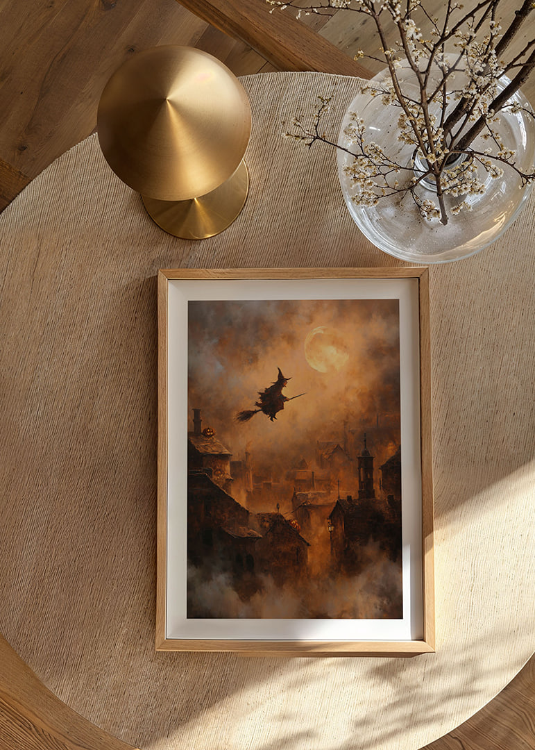 Une sorcière enchantée plane au-dessus d'un village au clair de lune.-12