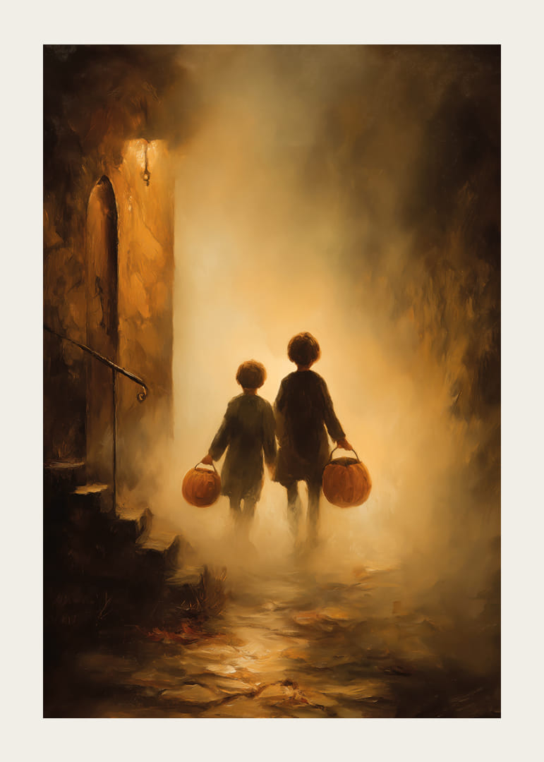 Children walking through a misty golden landscape-12