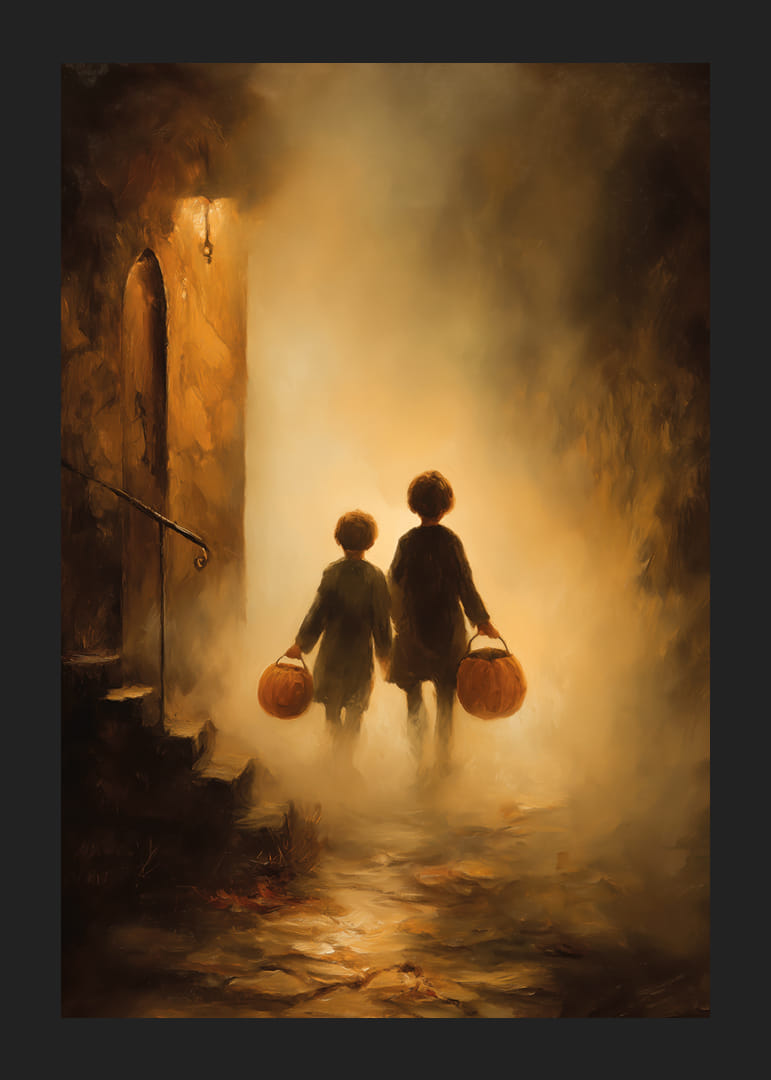 Children walking through a misty golden landscape-12