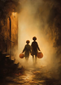 Gyerekek sétálnak egy ködös, aranyló tájon-3