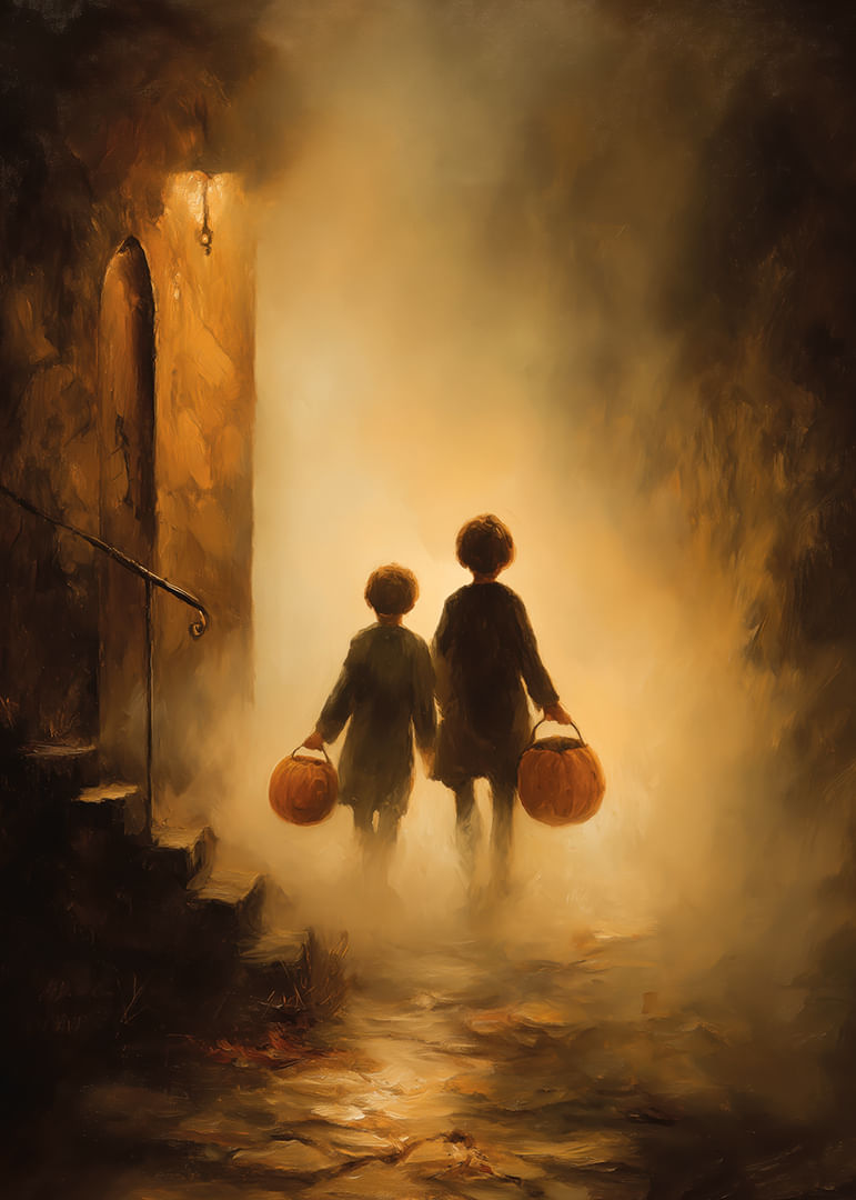 Gyerekek sétálnak egy ködös, aranyló tájon-12