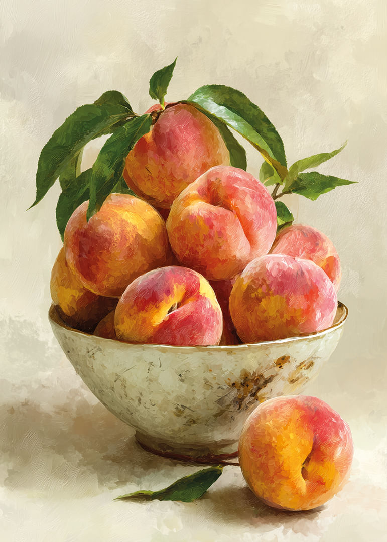 Des pêches juteuses dans un bol ancien répandent la joie de l'été-12