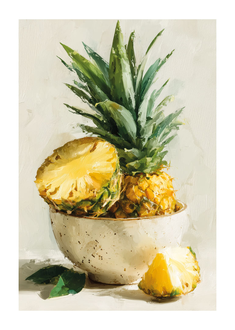 Un ananas aux couleurs vives, peint à l'huile dans un style artistique, crée une fraîcheur tropicale.-12