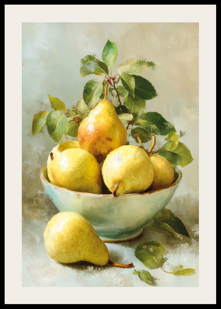 Golden pears in a bowl with artistic charm-12