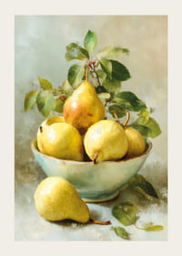 Golden pears in a bowl with artistic charm-3