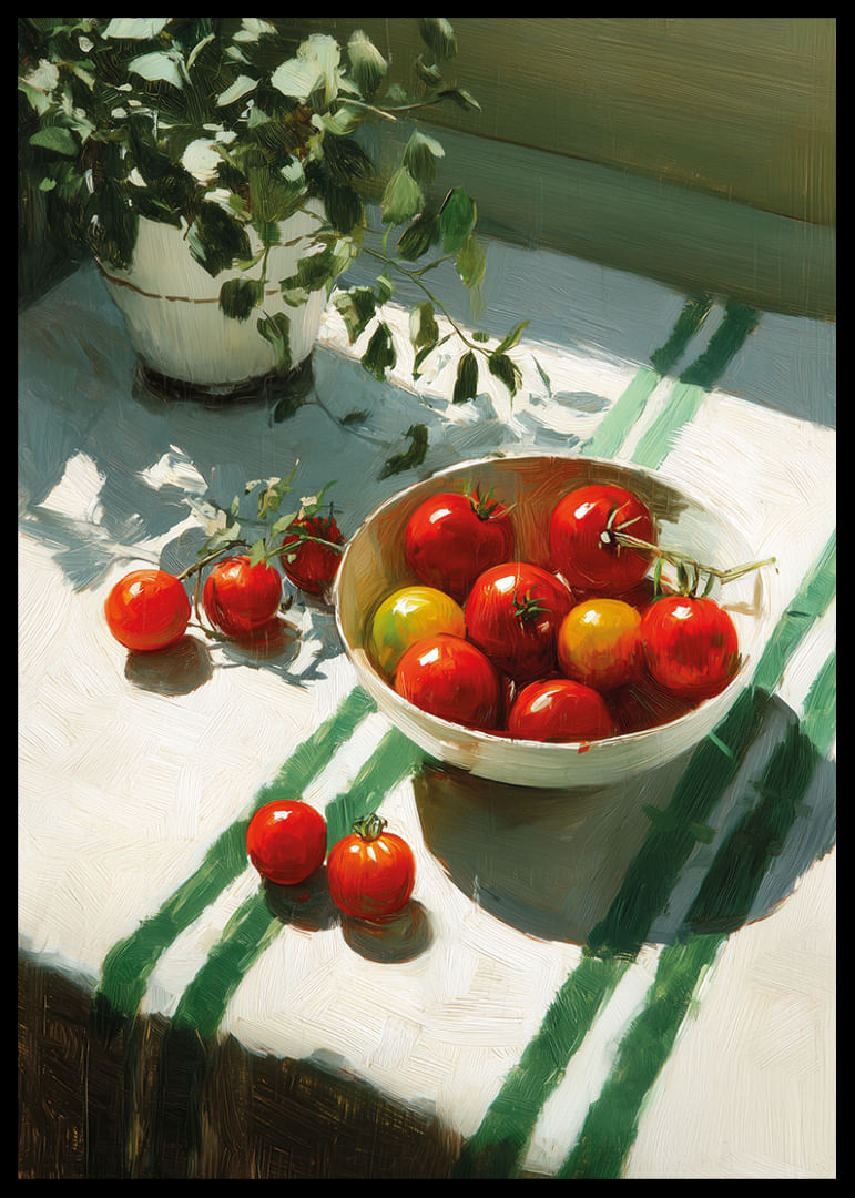 Des tomates ensoleillées dans un bol créent une ambiance chaleureuse.-12