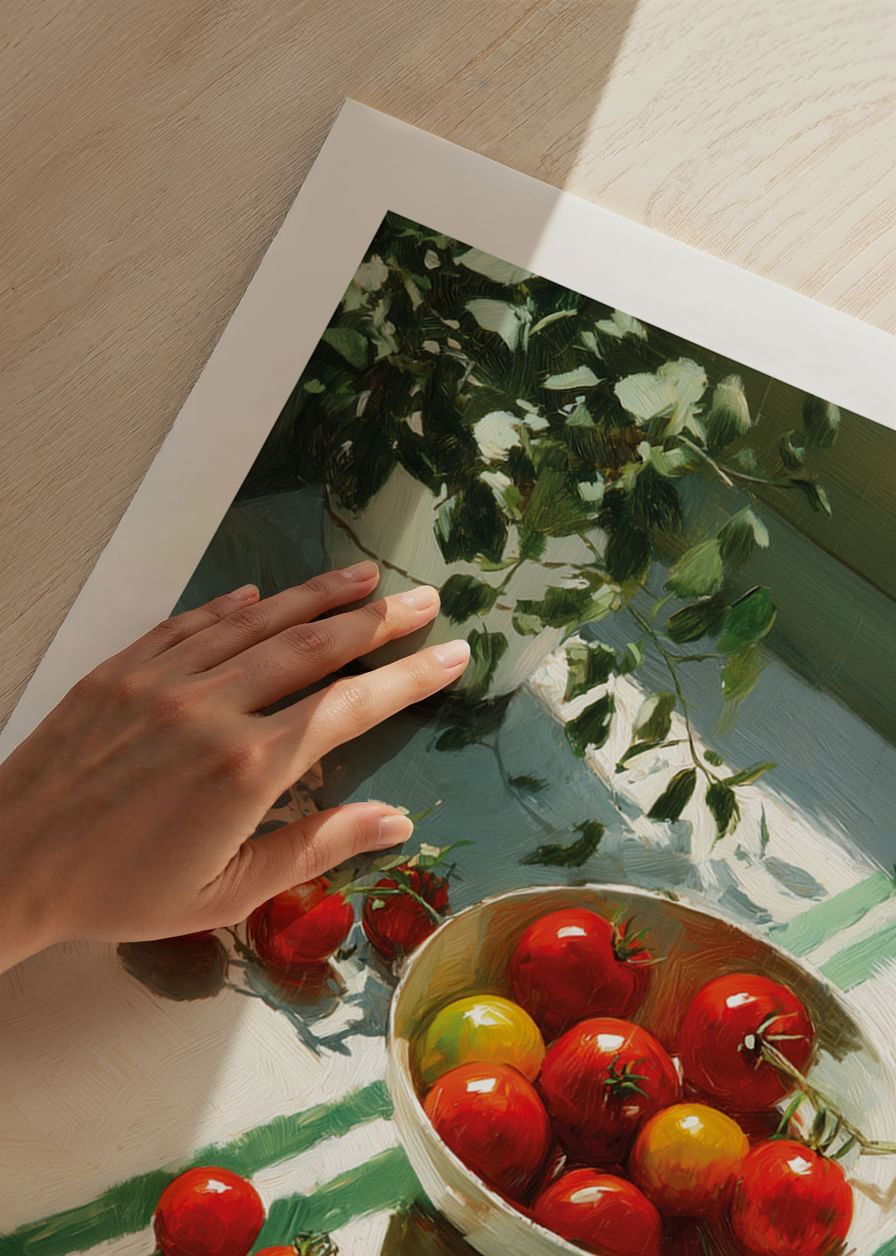 Des tomates ensoleillées dans un bol créent une ambiance chaleureuse.-12