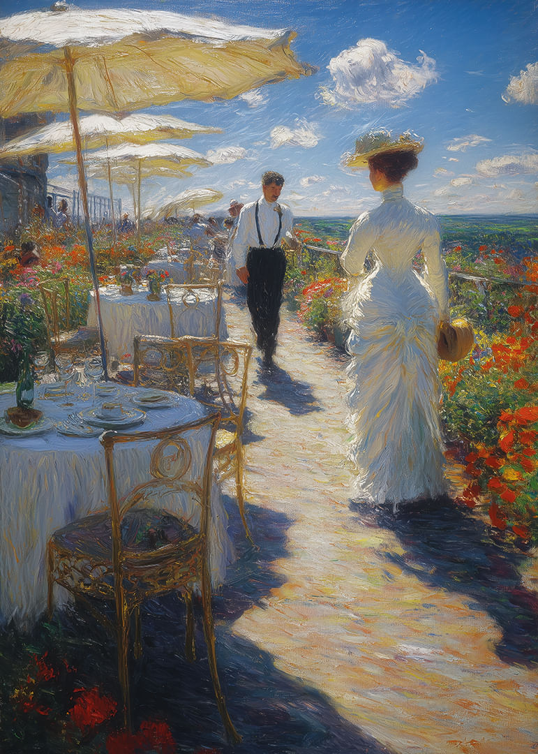 Slnečná scenéria elegancie a nadčasového štýlu v krásnej záhrade-12