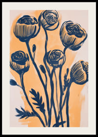 Eleganta blommor i mörkblå toner mot en gyllene bakgrund-2