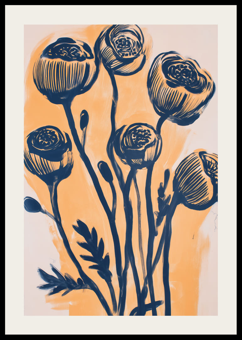 Eleganta blommor i mörkblå toner mot en gyllene bakgrund-12