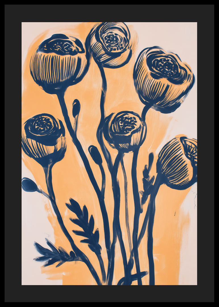 Elegante bloemen in donkerblauwe tinten tegen een gouden achtergrond-12
