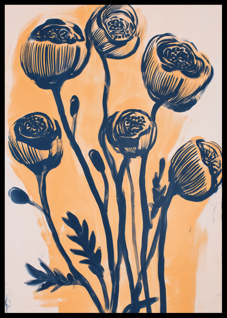 Elegantes flores en tonos azul oscuro sobre un fondo dorado-12