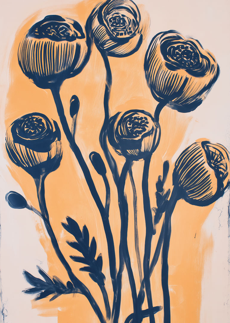 Elegantes flores en tonos azul oscuro sobre un fondo dorado-12