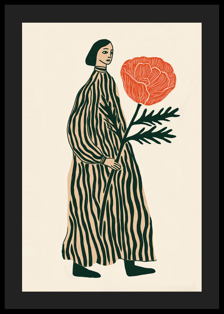 En drömsk figur med en stor röd blomma i handen-12